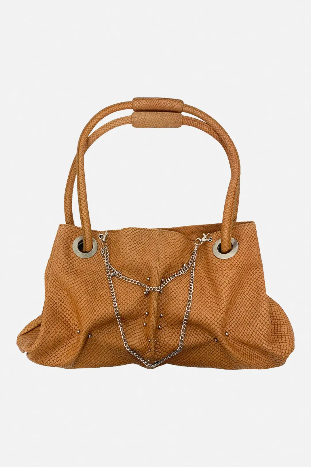 genuine leather pierced bag with chains in amber colour