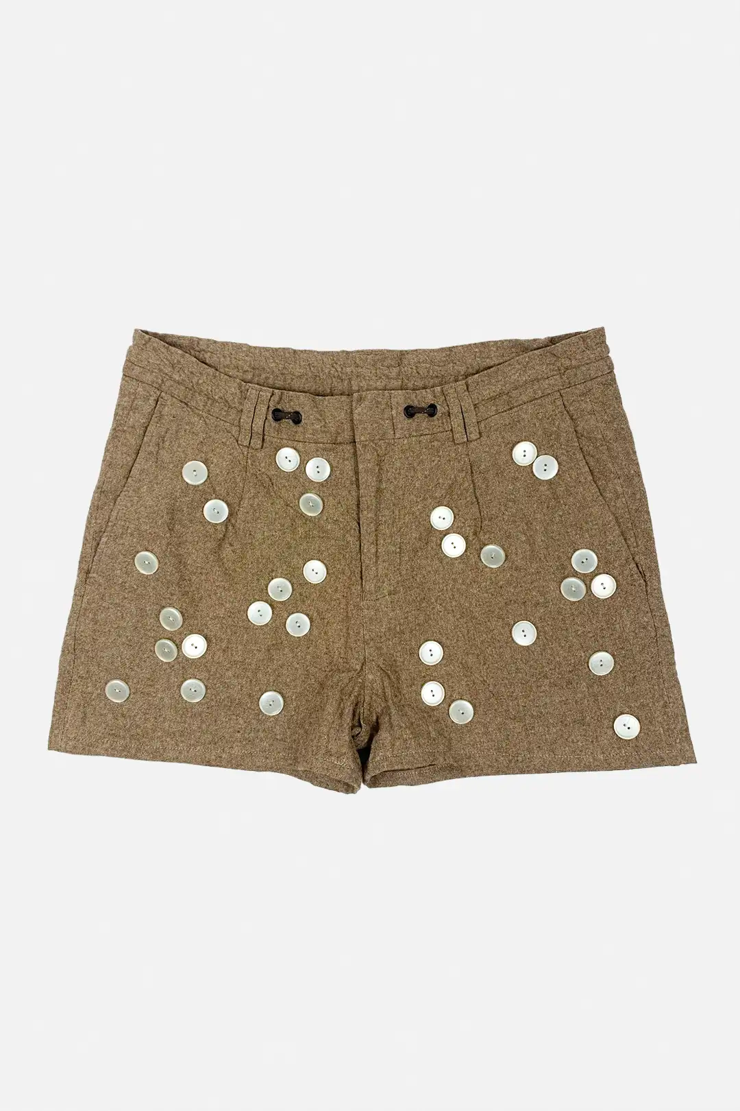 Brown shorts with button embellishments on a white background