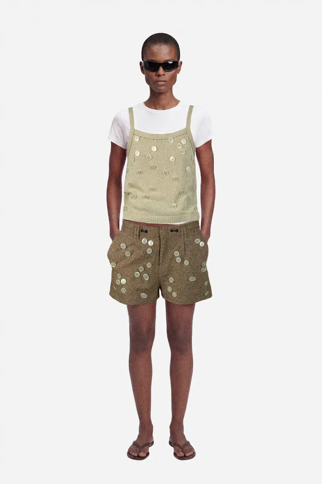 upcycled brown linen cotton shorts with beige button details
