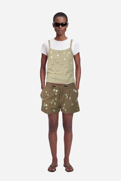 upcycled brown linen cotton shorts with beige button details