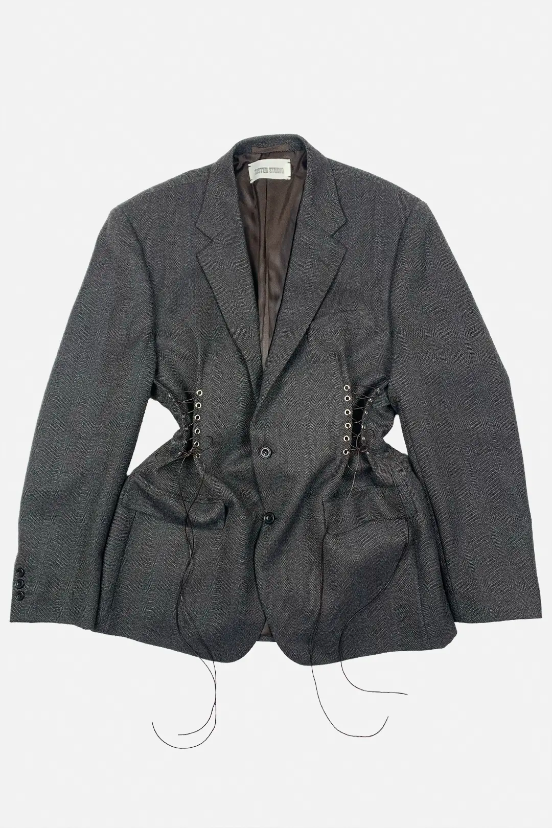 brown blazer with lace-up front on a white background