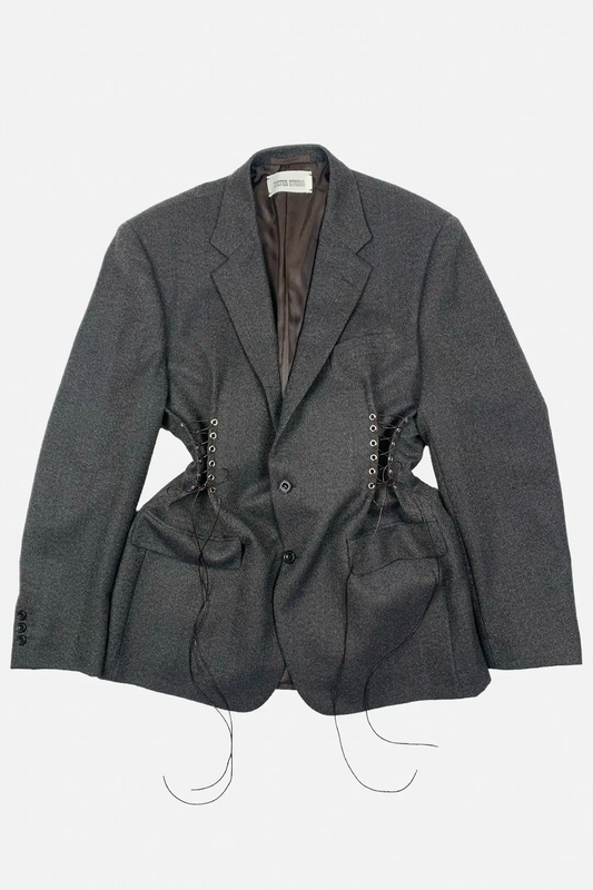 brown blazer with lace-up front on a white background