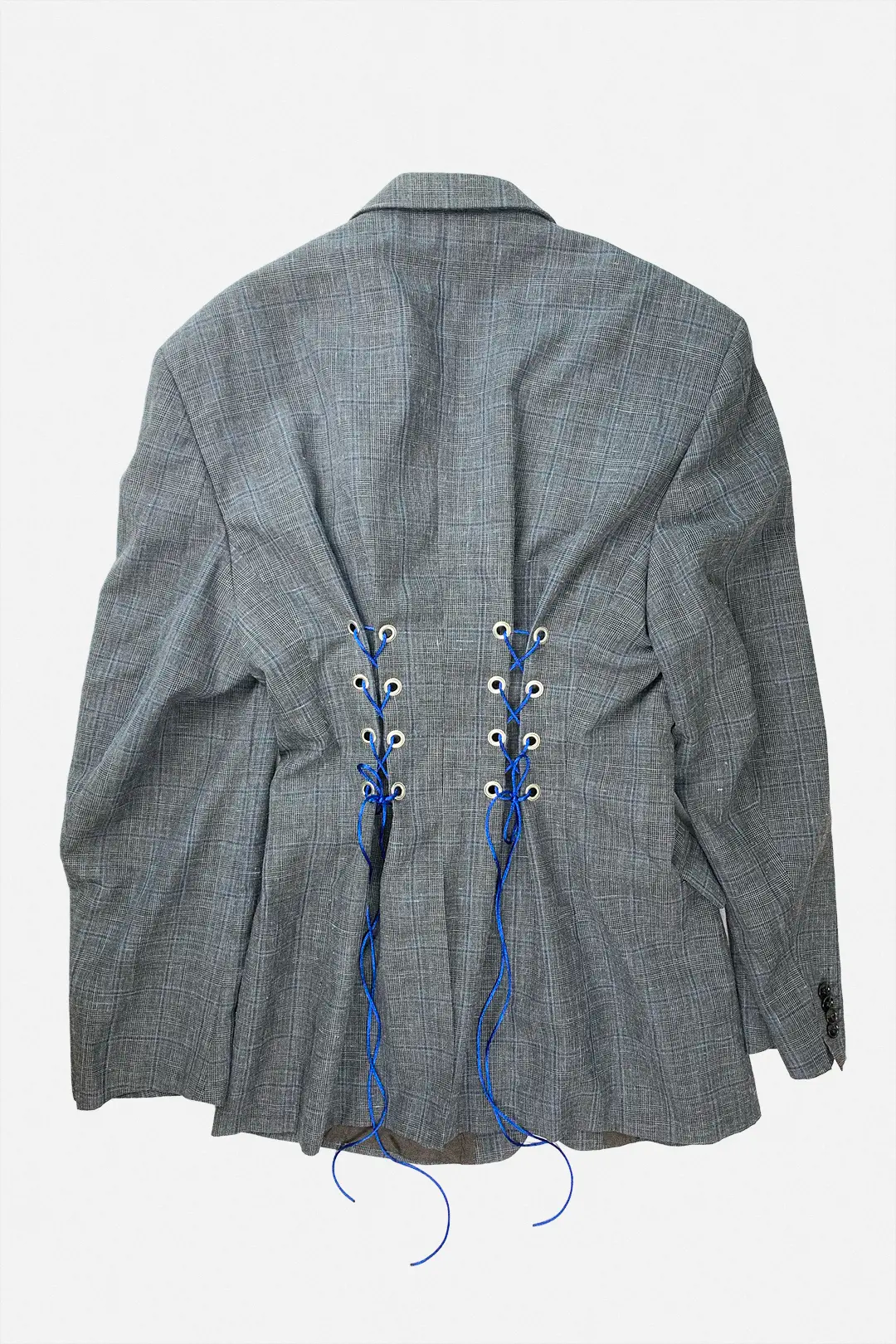 Gray blazer with blue strings on a white background