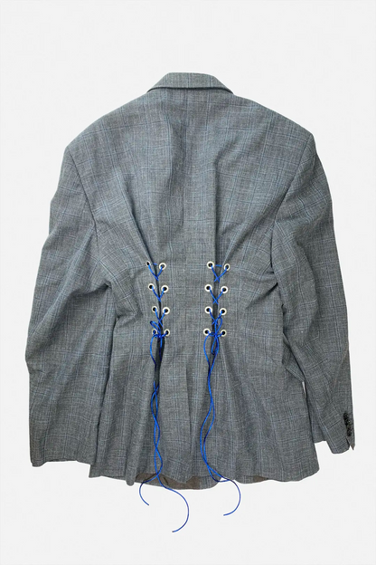 Gray blazer with blue strings on a white background