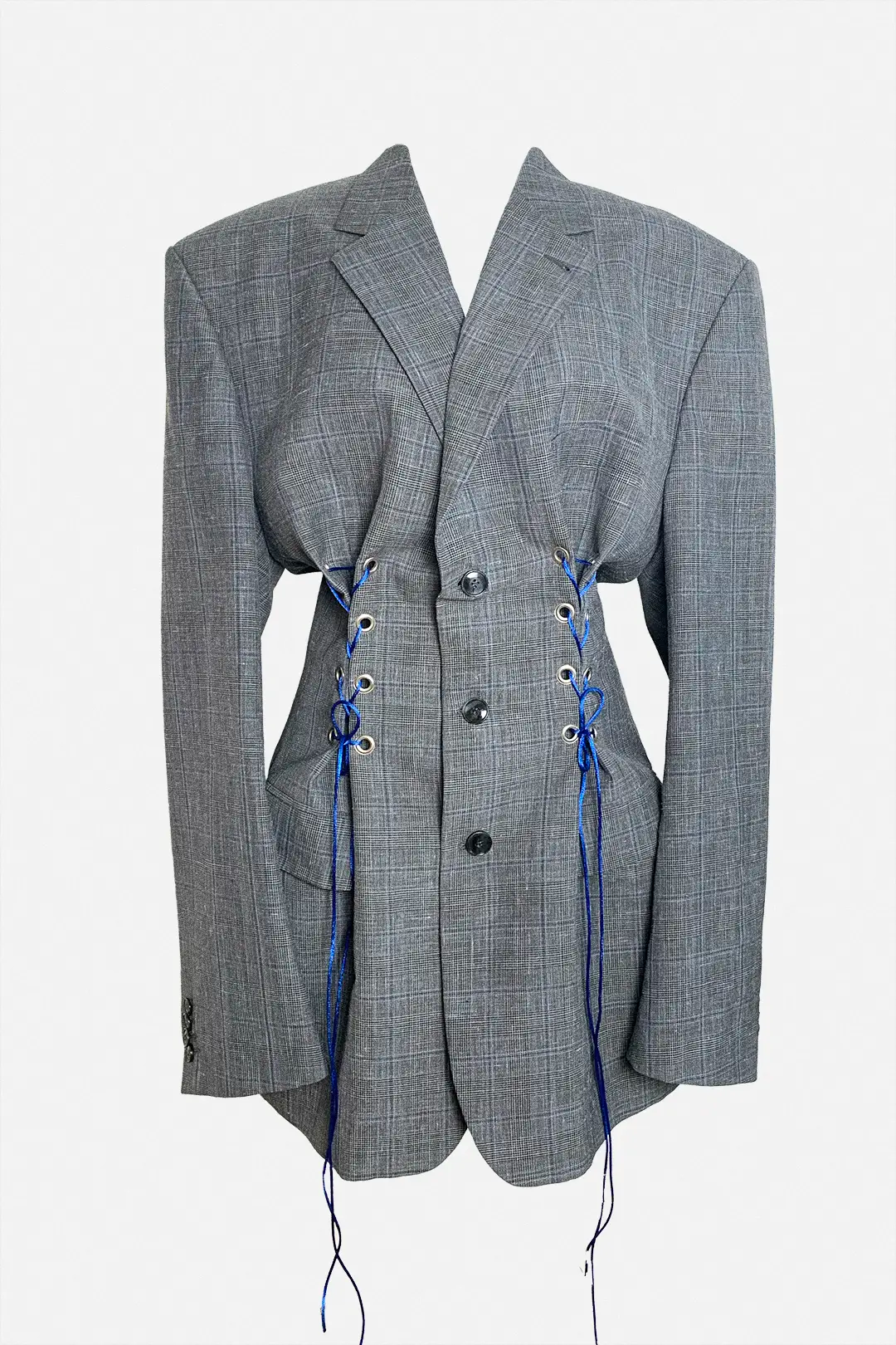 Gray checkered blazer with blue lacing on a white background