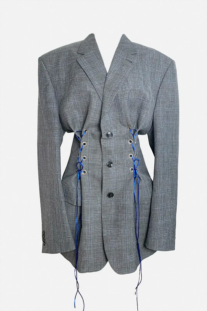 Gray checkered blazer with blue lacing on a white background