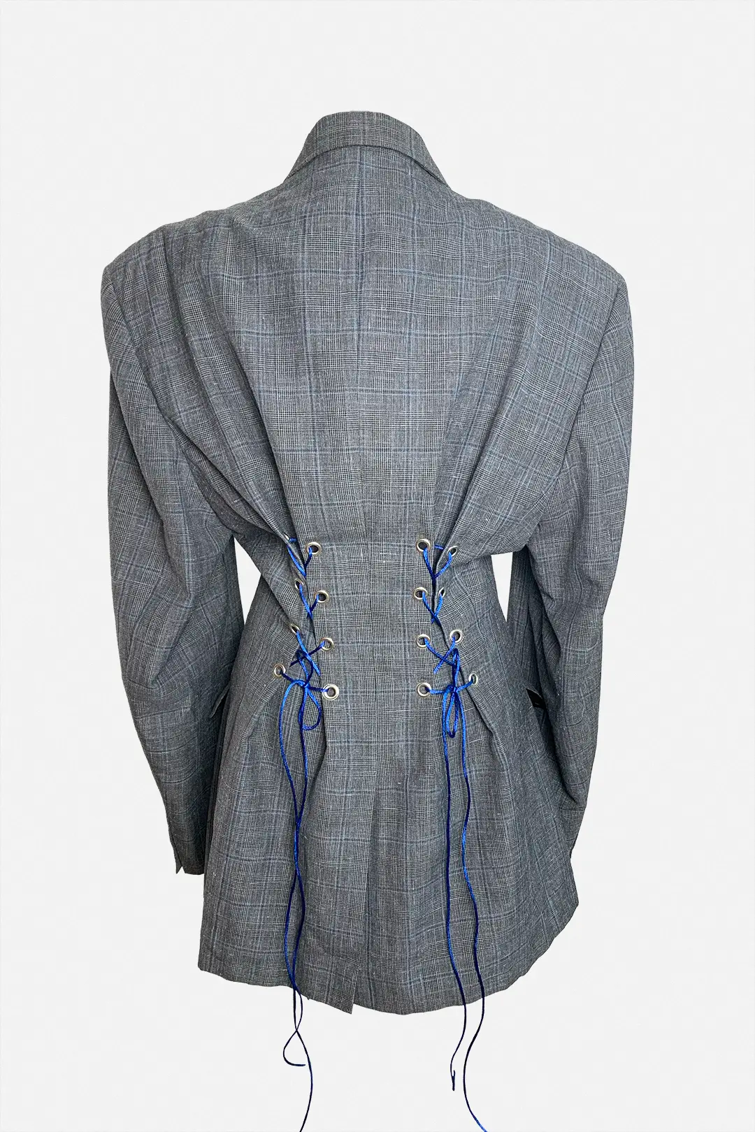 Gray checkered jacket with blue lace-up details on a white background