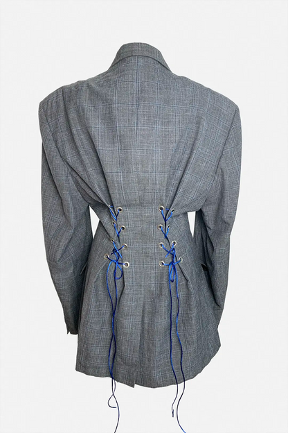 Gray checkered jacket with blue lace-up details on a white background