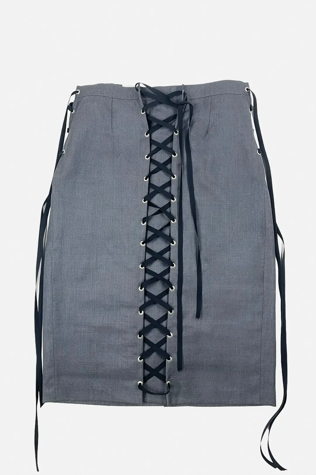 A gray linen-textured mini skirt featuring a prominent black lace-up front closure with silver metal eyelets, shown against a plain light gray background.