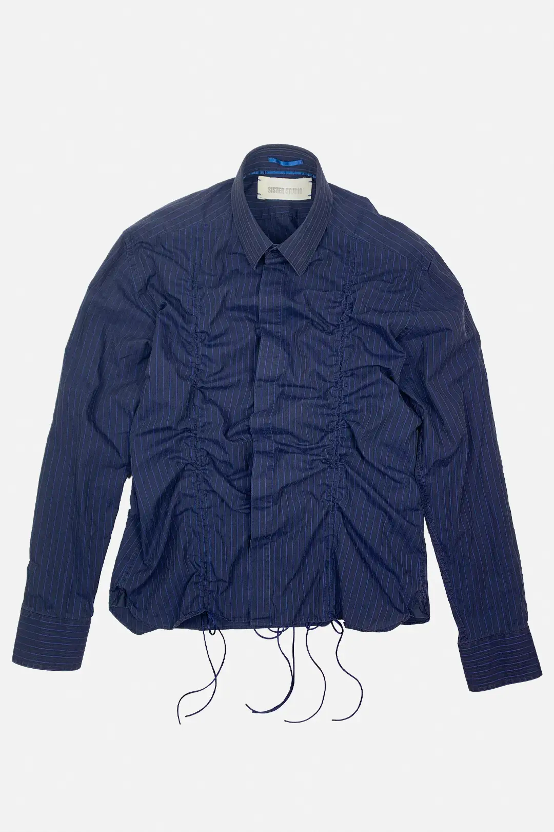 upcycled ruched blue navy shirt, cotton, white background