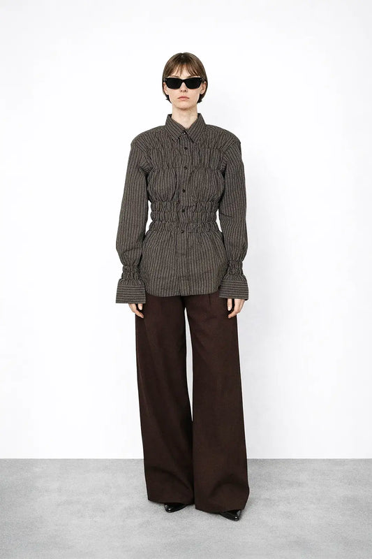 Mocha Stripe Shirred Shirt