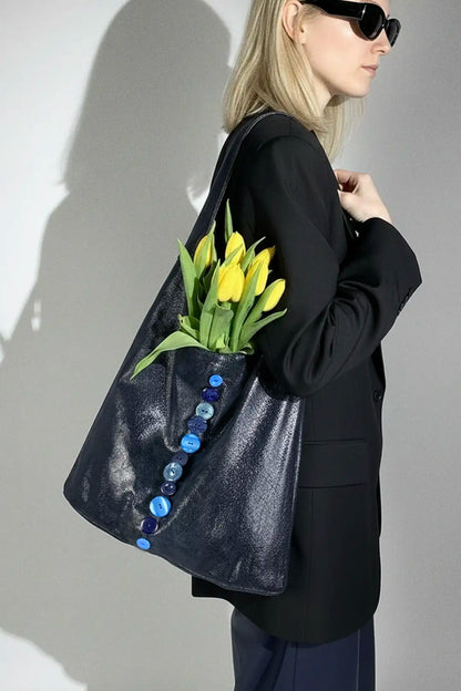Navy Button Bag