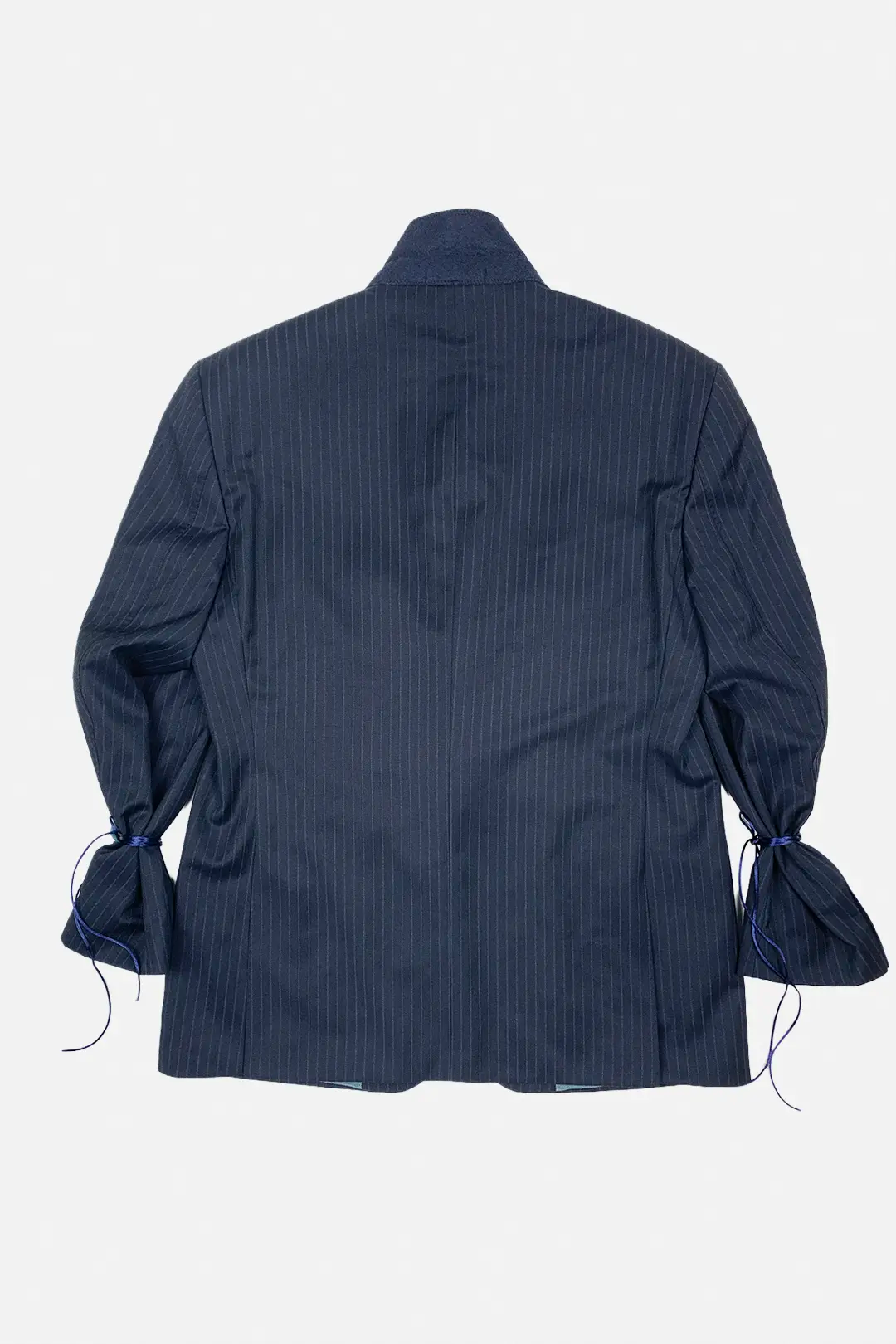 Navy blue pinstripe jacket on a white background