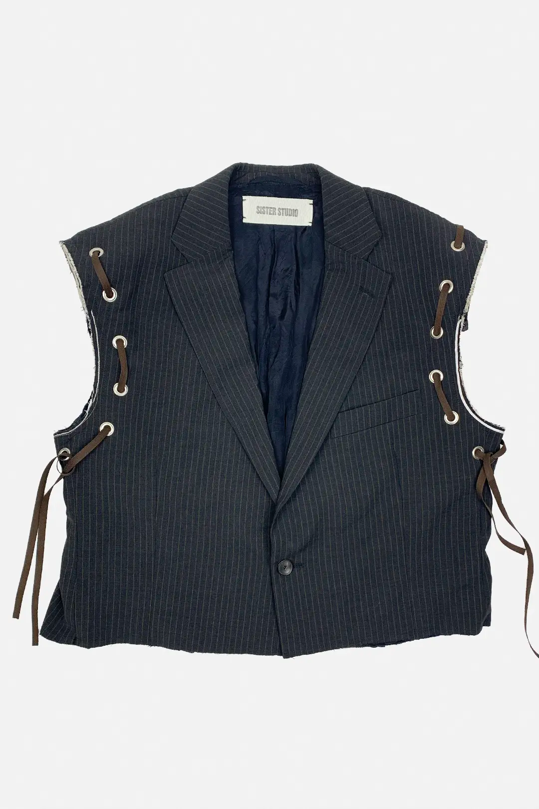 brown pinstripe vest with metal accents and brown cargo pants on a white background