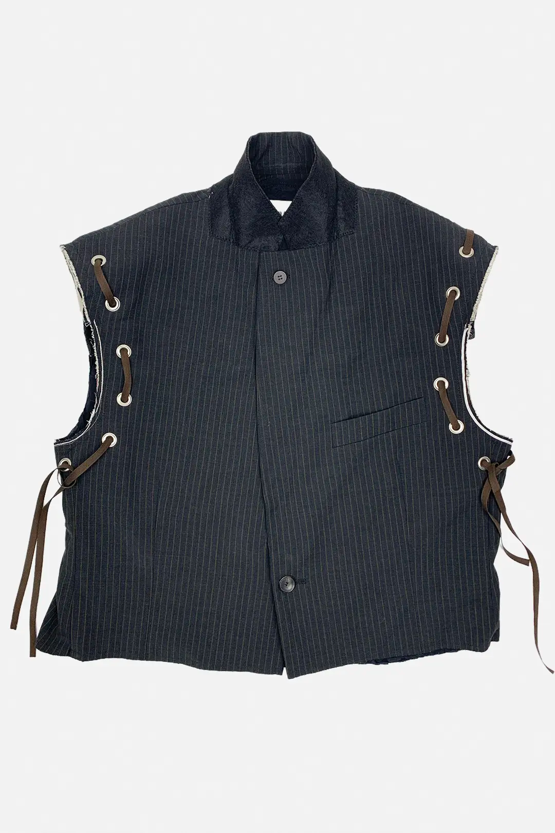brown pinstripe vest with metal accents and brown cargo pants on a white background