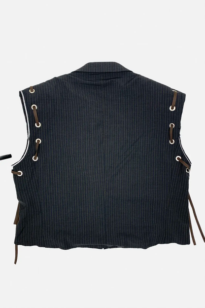 brown pinstripe vest with metal accents and brown cargo pants on a white background