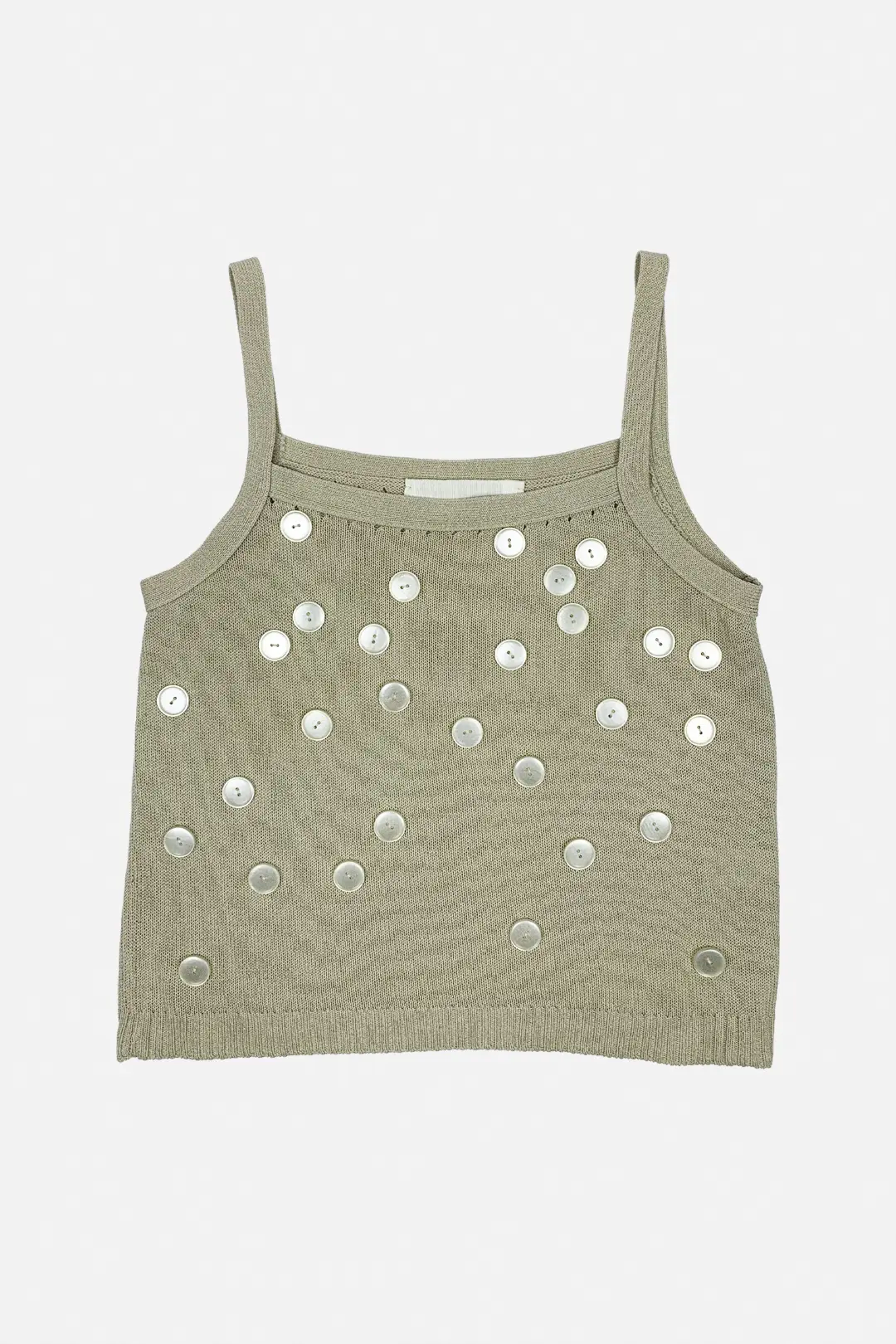 beige tank top with button details on a white background
