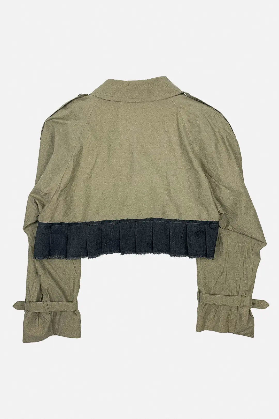 beige trench jacket with black trim on a white background