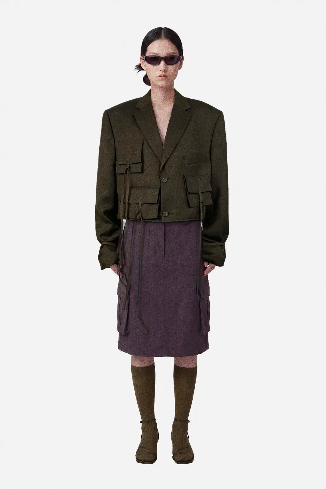 brown cropped blazer, upcycled, cropped silhouette, utility pockets, oversize, wool