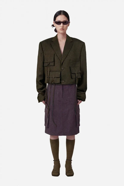 brown cropped blazer, upcycled, cropped silhouette, utility pockets, oversize, wool