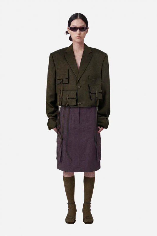 brown cropped blazer, upcycled, cropped silhouette, utility pockets, oversize, wool