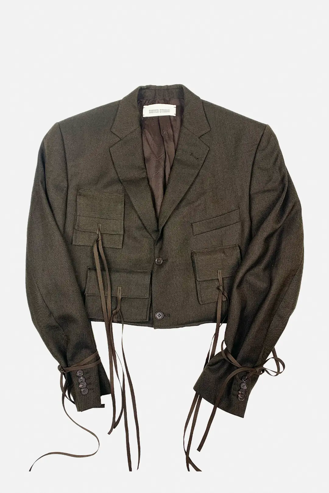 brown cropped blazer, upcycled, cropped silhouette, utility pockets, oversize, wool, tied sleeves