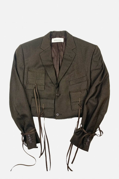 brown cropped blazer, upcycled, cropped silhouette, utility pockets, oversize, wool, tied sleeves