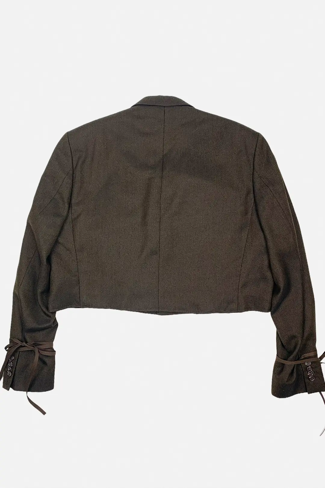 brown cropped blazer, upcycled, cropped silhouette, utility pockets, oversize, wool, tied sleeves