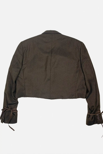 brown cropped blazer, upcycled, cropped silhouette, utility pockets, oversize, wool, tied sleeves