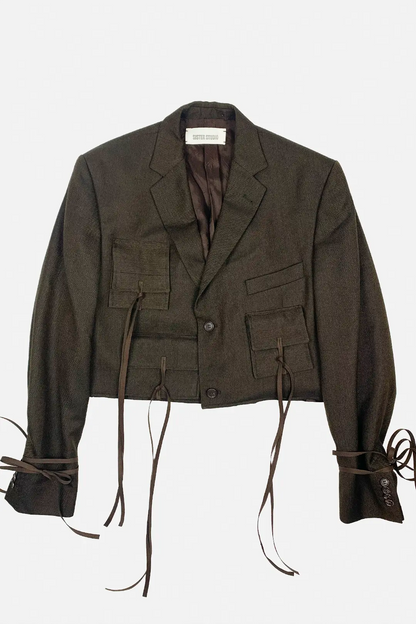 brown cropped blazer, upcycled, cropped silhouette, utility pockets, oversize, wool, tied sleeves